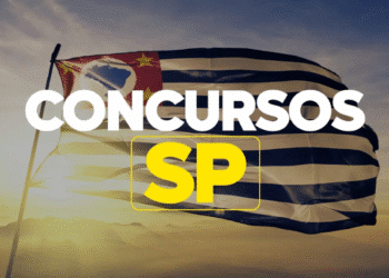 Bandeira do estado de São Paulo ao vento, com o texto “Concursos SP” em destaque.