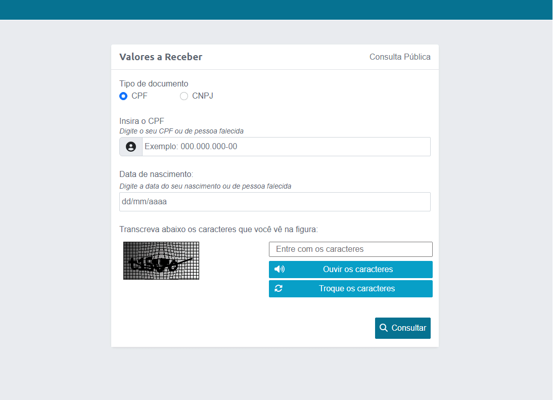 Tela de consulta do sistema Valores a Receber do Banco Central, mostrando campos para CPF, data de nascimento e verificação de segurança.