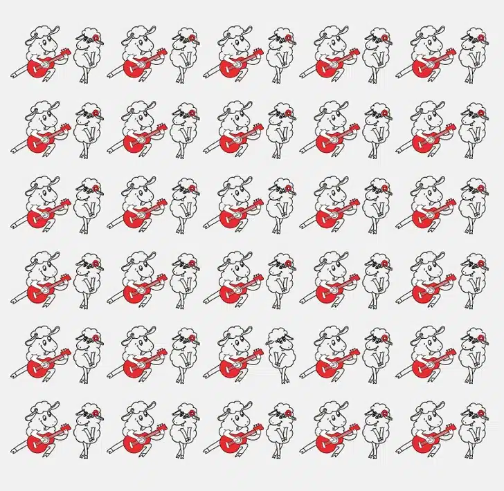 Ache o casal de ovelhas fora do padrão. Teste de QI com várias ovelhas desenhadas em estilo desenho, algumas tocando violão vermelho, outras com flor na orelha, fundo cinza.