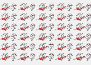 Teste de QI com várias ovelhas desenhadas em estilo desenho, algumas tocando violão vermelho, outras com flor na orelha, fundo cinza.