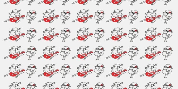 Teste de QI com várias ovelhas desenhadas em estilo desenho, algumas tocando violão vermelho, outras com flor na orelha, fundo cinza.