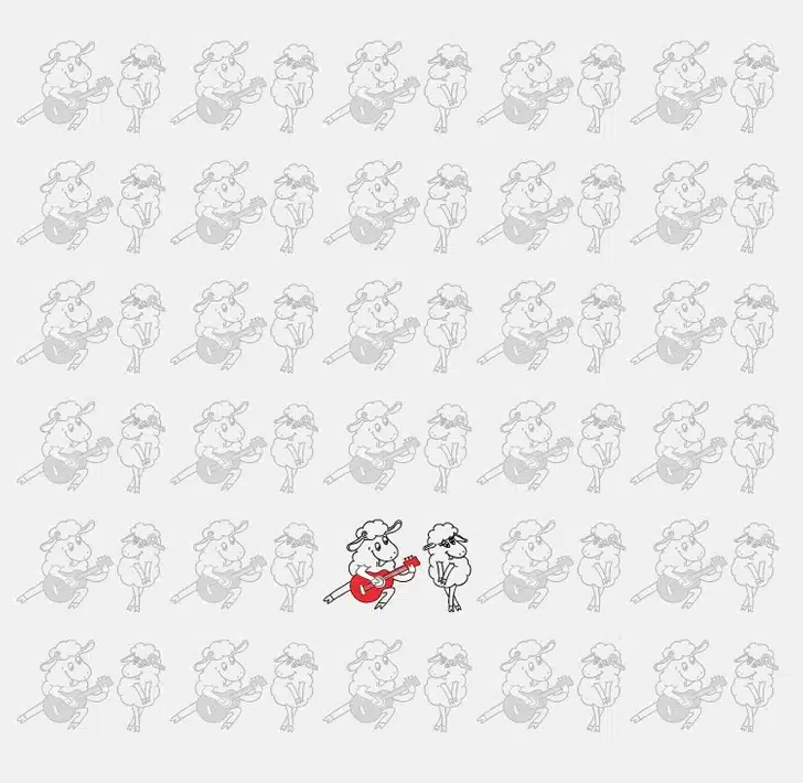 Encontre o casal de ovelhas diferente entre as ovelhas desenhadas. Teste de QI com várias ovelhas desenhadas em estilo desenho, algumas tocando violão vermelho, outras com flor na orelha, fundo cinza.
