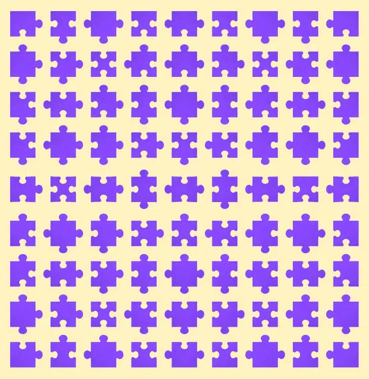 Teste de QI com peças roxas de quebra-cabeça alinhadas em padrão organizado sobre fundo amarelo-claro.