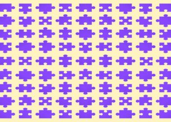 Teste de QI com peças roxas de quebra-cabeça alinhadas em padrão organizado sobre fundo amarelo-claro.