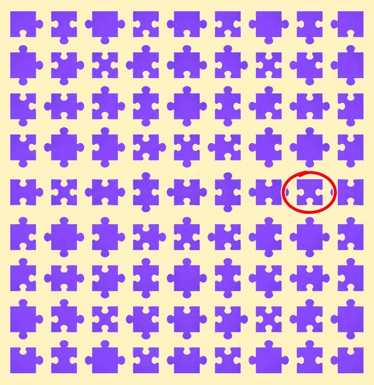 Teste de QI com peças roxas de quebra-cabeça alinhadas em padrão organizado sobre fundo amarelo-claro.