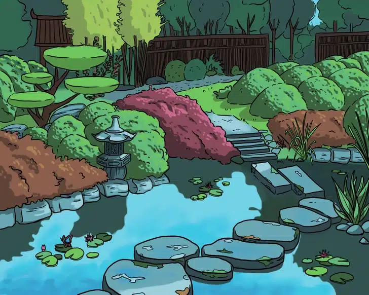 Desafio visual: Jardim japonês com lago, pedras, arbustos coloridos e vegetação densa cercada por cerca de madeira