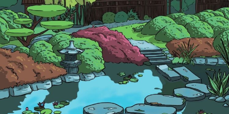 Desafio visual: Jardim japonês com lago, pedras, arbustos coloridos e vegetação densa cercada por cerca de madeira