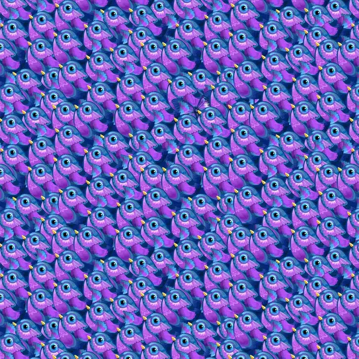 Teste visual com repetição de pássaros roxos com grandes olhos azuis