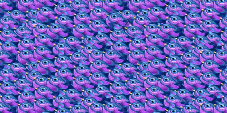 Teste visual com repetição de pássaros roxos com grandes olhos azuis