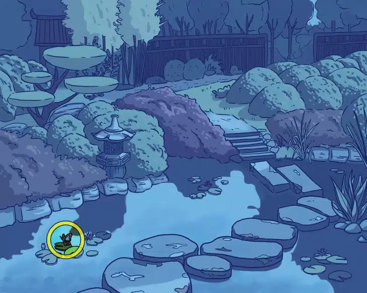 Desafio visual: Jardim japonês com lago, pedras, arbustos coloridos e vegetação densa cercada por cerca de madeira