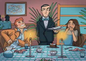 Teste visual com um garçom sério servindo casal animado em restaurante com velas acesas na mesa
