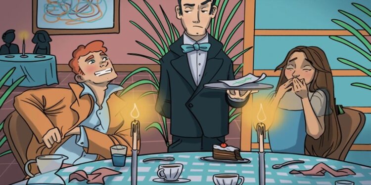 Teste visual com um garçom sério servindo casal animado em restaurante com velas acesas na mesa