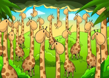 Teste visual com girafas amarelas e com manchas marrons em floresta verde sob céu azul