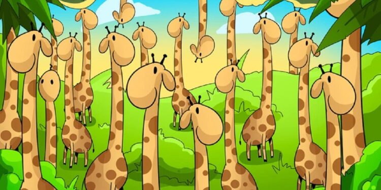 Teste visual com girafas amarelas e com manchas marrons em floresta verde sob céu azul