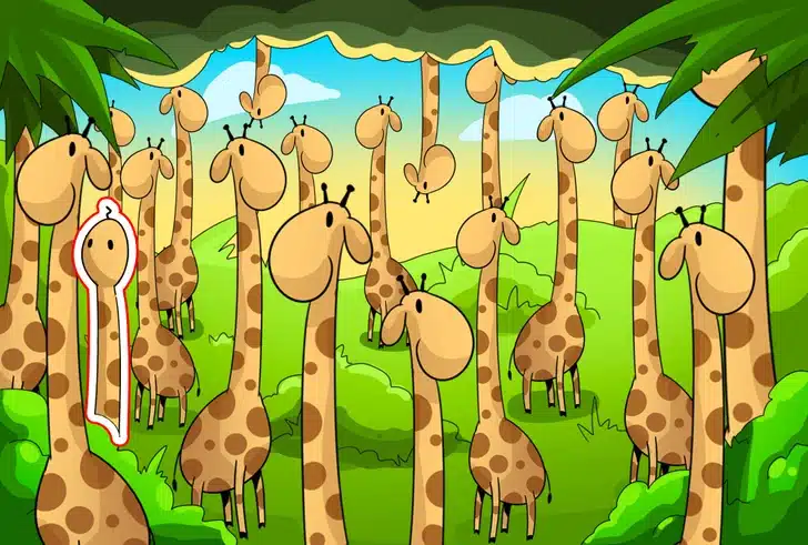 Encontre a cobra escondida entre as girafas na floresta Teste visual com girafas amarelas e com manchas marrons em floresta verde sob céu azul