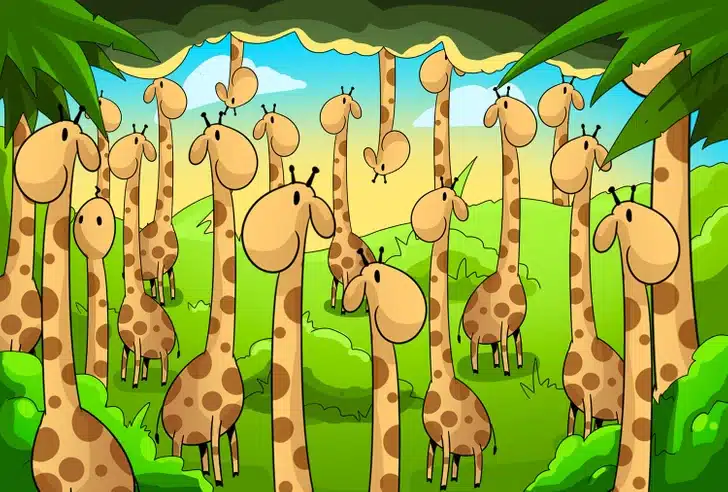 Ache a cobra entre as girafas em floresta colorida. Teste visual com girafas amarelas e com manchas marrons em floresta verde sob céu azul
