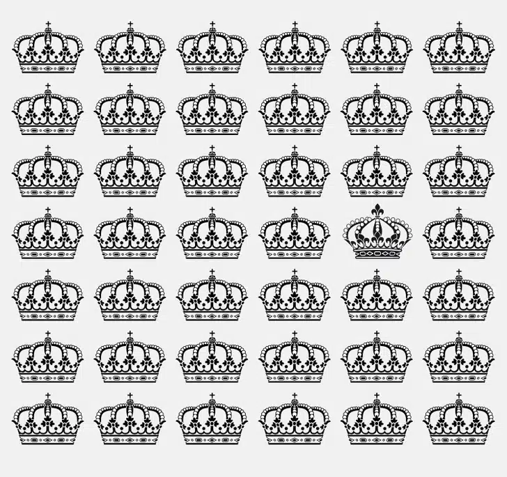 Teste visual com diversos desenhos de coroas reais pretas alinhadas em formato de grade com detalhes ornamentais