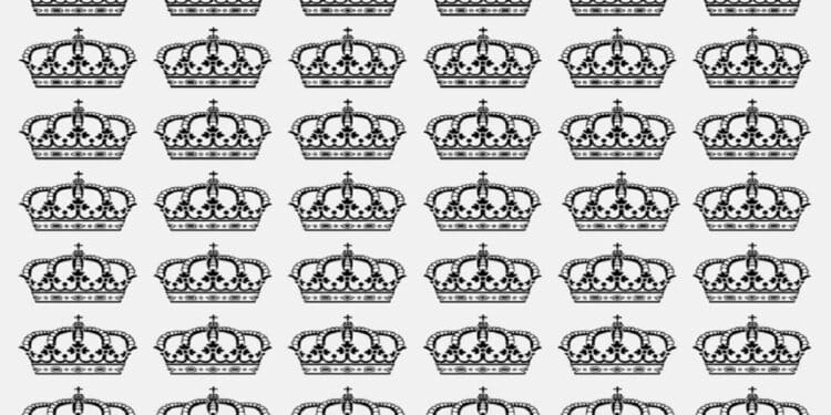 Teste visual com diversos desenhos de coroas reais pretas alinhadas em formato de grade com detalhes ornamentais