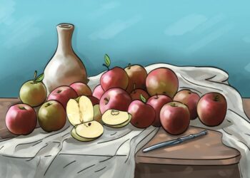 Teste visual com um conjunto de maçãs vermelhas e verdes sobre pano branco com jarra branca e faca sobre mesa de madeira