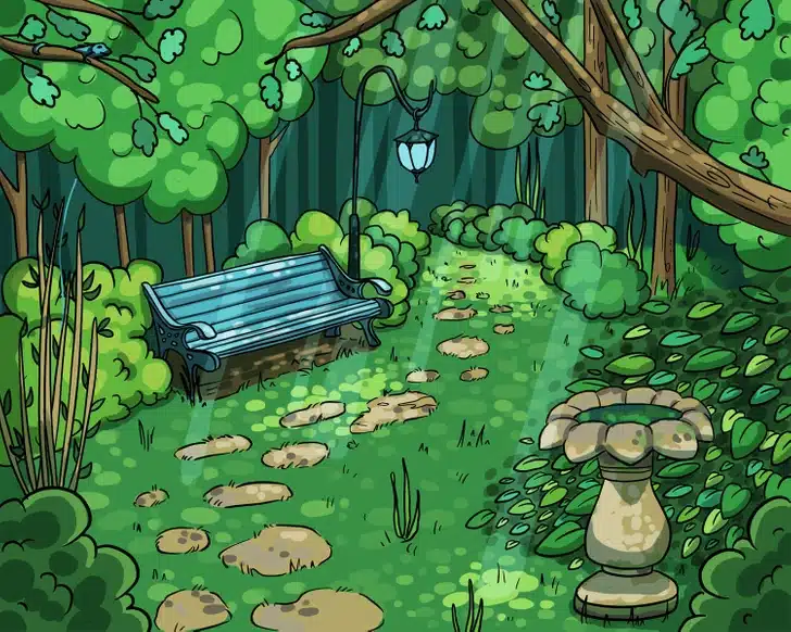 Ache a iguana escondida na imagem com um banco de parque ao lado de caminho de pedras. Teste visual com um banco azul e caminho de pedras cercado por plantas e árvores em parque iluminado por lâmpada