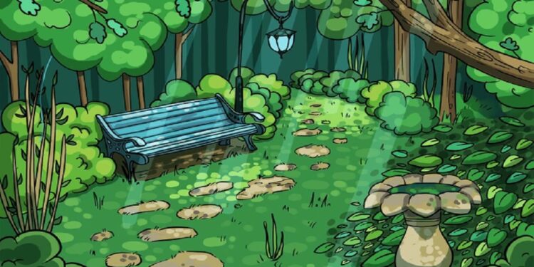 Teste visual com um banco azul e caminho de pedras cercado por plantas e árvores em parque iluminado por lâmpada