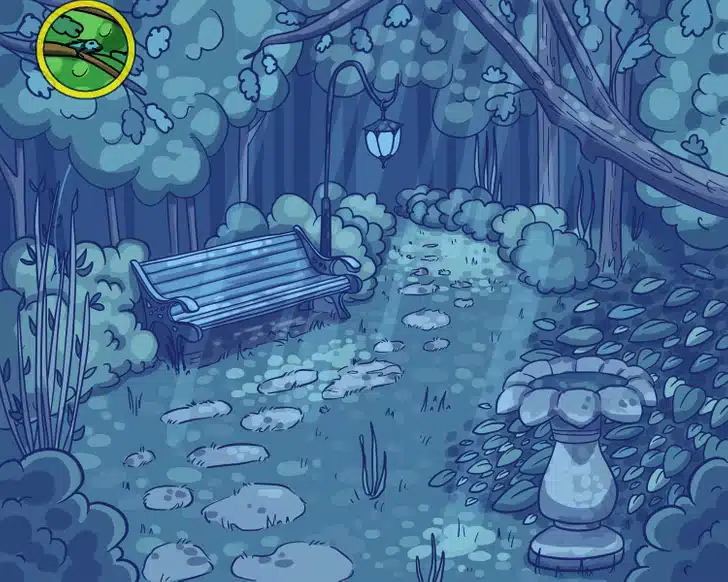 Encontre a iguana camuflada na imagem com banco e um caminho de pedras em parque verde Teste visual com um banco azul e caminho de pedras cercado por plantas e árvores em parque iluminado por lâmpada