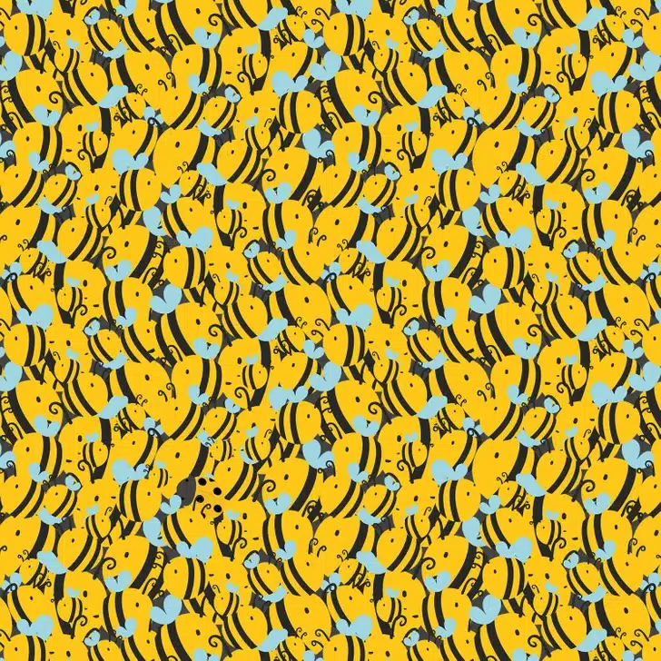 Ache à joaninha camuflada entre as abelhas-amarelas e asas azuis. Teste visual com uma ilustração repetitiva de abelhas-amarelas com asas azuis