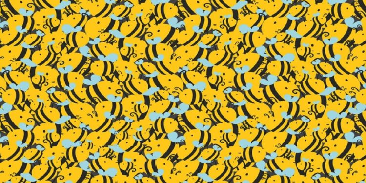 Teste visual com uma ilustração repetitiva de abelhas-amarelas com asas azuis