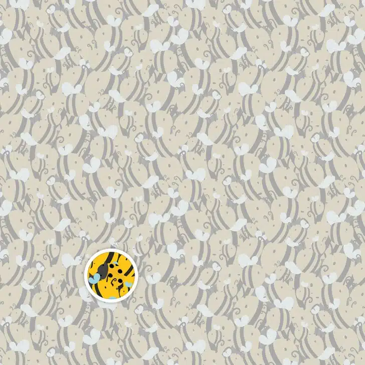 Encontre a joaninha escondida neste padrão colorido de abelhas amarelas desenhadas Teste visual com uma ilustração repetitiva de abelhas-amarelas com asas azuis