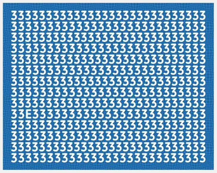 Teste visual com vários números 3 em branco e uma letra E escondida entre eles