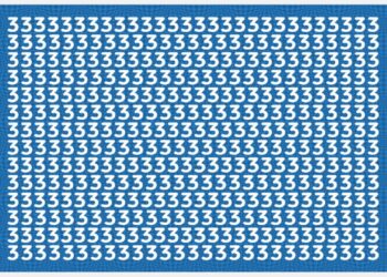 Teste visual com vários números 3 em branco e uma letra E escondida entre eles