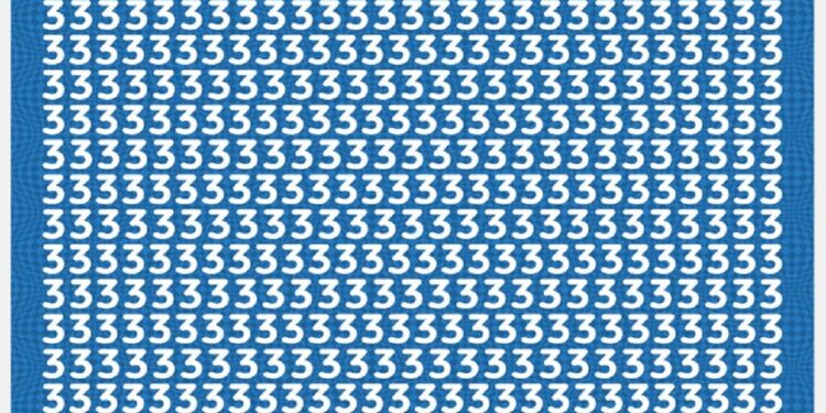 Teste visual com vários números 3 em branco e uma letra E escondida entre eles