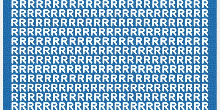 Teste visual com várias letras R brancas e uma única letra K branca entre elas