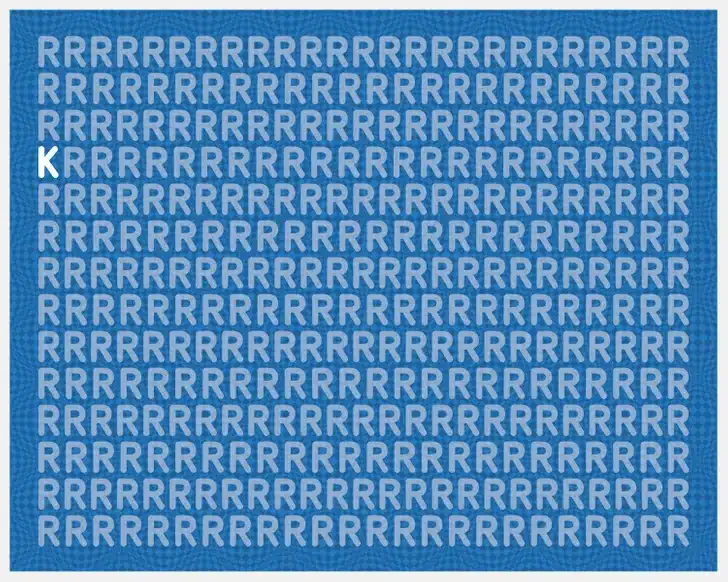 Teste visual com várias letras R brancas e uma única letra K branca entre elas