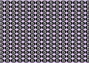 Teste visual com múltiplos círculos pretos contendo o número 5 em branco, exceto um com uma letra S.