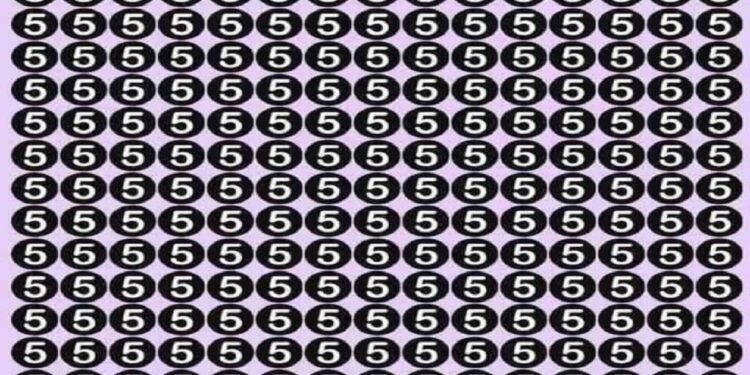 Teste visual com múltiplos círculos pretos contendo o número 5 em branco, exceto um com uma letra S.