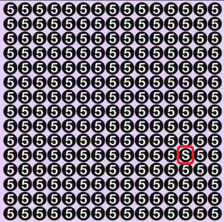 Teste visual com múltiplos círculos pretos contendo o número 5 em branco, exceto um com uma letra S.