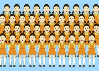 Teste visual com uma imagem de 40 meninas idênticas em estilo desenho, organizadas em cinco fileiras sobre fundo azul-claro.