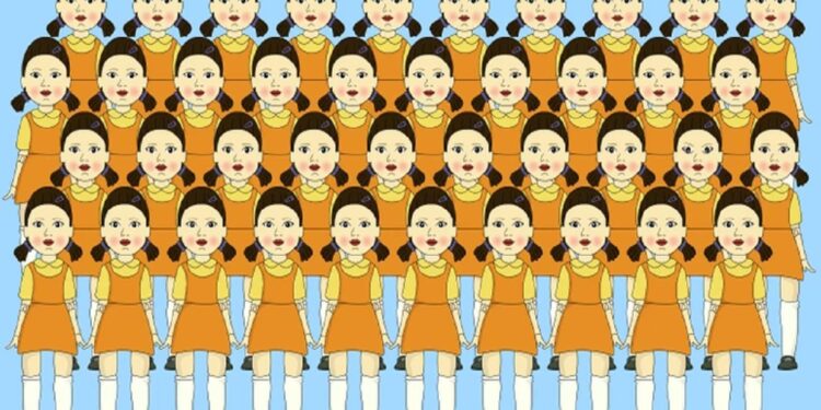 Teste visual com uma imagem de 40 meninas idênticas em estilo desenho, organizadas em cinco fileiras sobre fundo azul-claro.