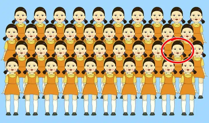 Encontre a menina diferente entre as meninas em padrão cartunesco Teste visual com uma imagem de 40 meninas idênticas em estilo desenho, organizadas em cinco fileiras sobre fundo azul-claro.