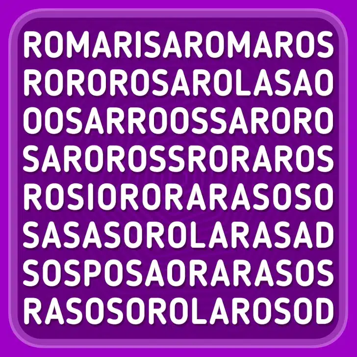 Teste visual com um texto cheio de letras brancas em caixa alta sobre fundo roxo