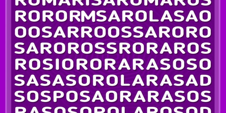 Teste visual com um texto cheio de letras brancas em caixa alta sobre fundo roxo