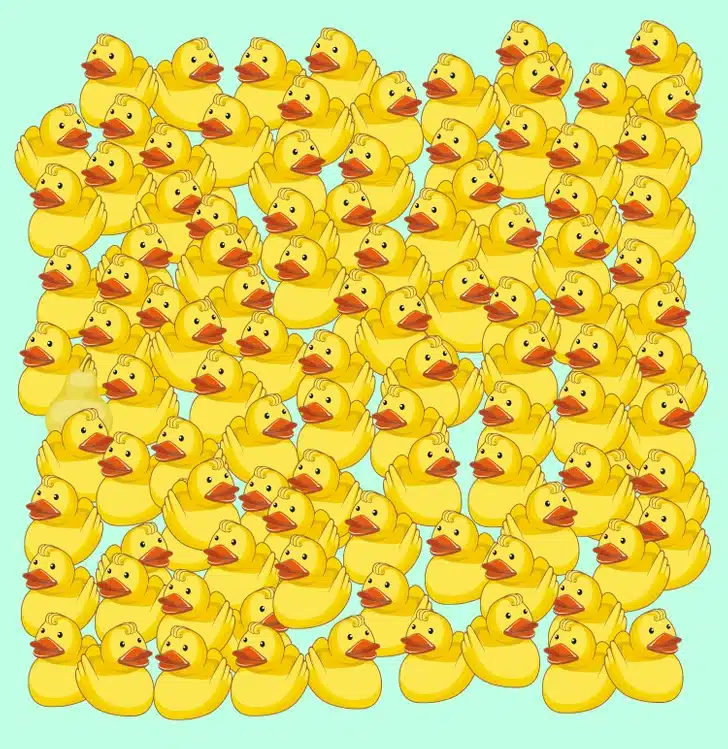 Teste visual com muitos patos amarelos iguais em fundo azul, desafie-se a encontrar a pera escondida entre os patos.
