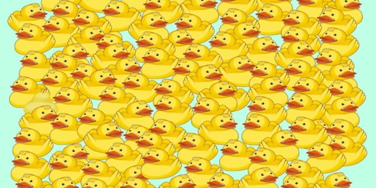 Teste visual com muitos patos amarelos iguais em fundo azul, desafie-se a encontrar a pera escondida entre os patos.
