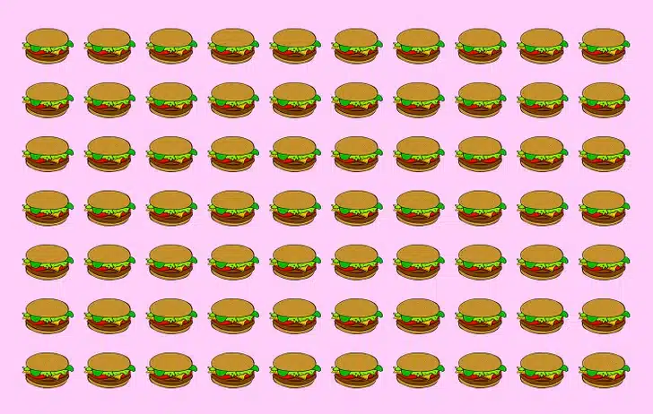 Ache o hambúrguer fora do padrão entre os hambúrgueres. Teste visual com padrão repetido de hambúrgueres desenhados sobre fundo rosa