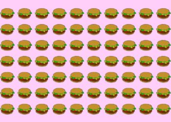 Teste visual com padrão repetido de hambúrgueres desenhados sobre fundo rosa