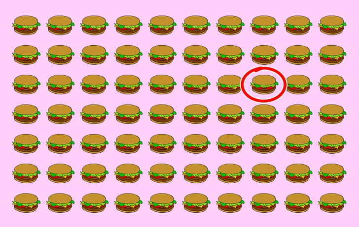 Encontre o hambúrguer difernete entre os hambúrgueres em fundo rosa Teste visual com padrão repetido de hambúrgueres desenhados sobre fundo rosa