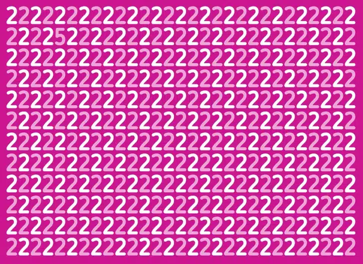 Ache o número 5 entre a repetição do número 2 em várias tonalidades sobre fundo rosa. Teste visual com um padrão repetido do número 2 em cores branco e rosa-claro sobre fundo rosa.