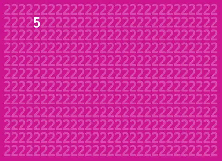 Ache o número 5 nesta imagem cheia de números 2 sobre um fundo rosa. Teste visual com um padrão repetido do número 2 em cores branco e rosa-claro sobre fundo rosa.