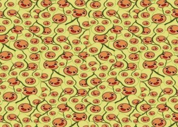 Teste visual com uma ilustração repetida de abacates cortados ao meio com rostos sorridentes e expressivos em fundo verde.